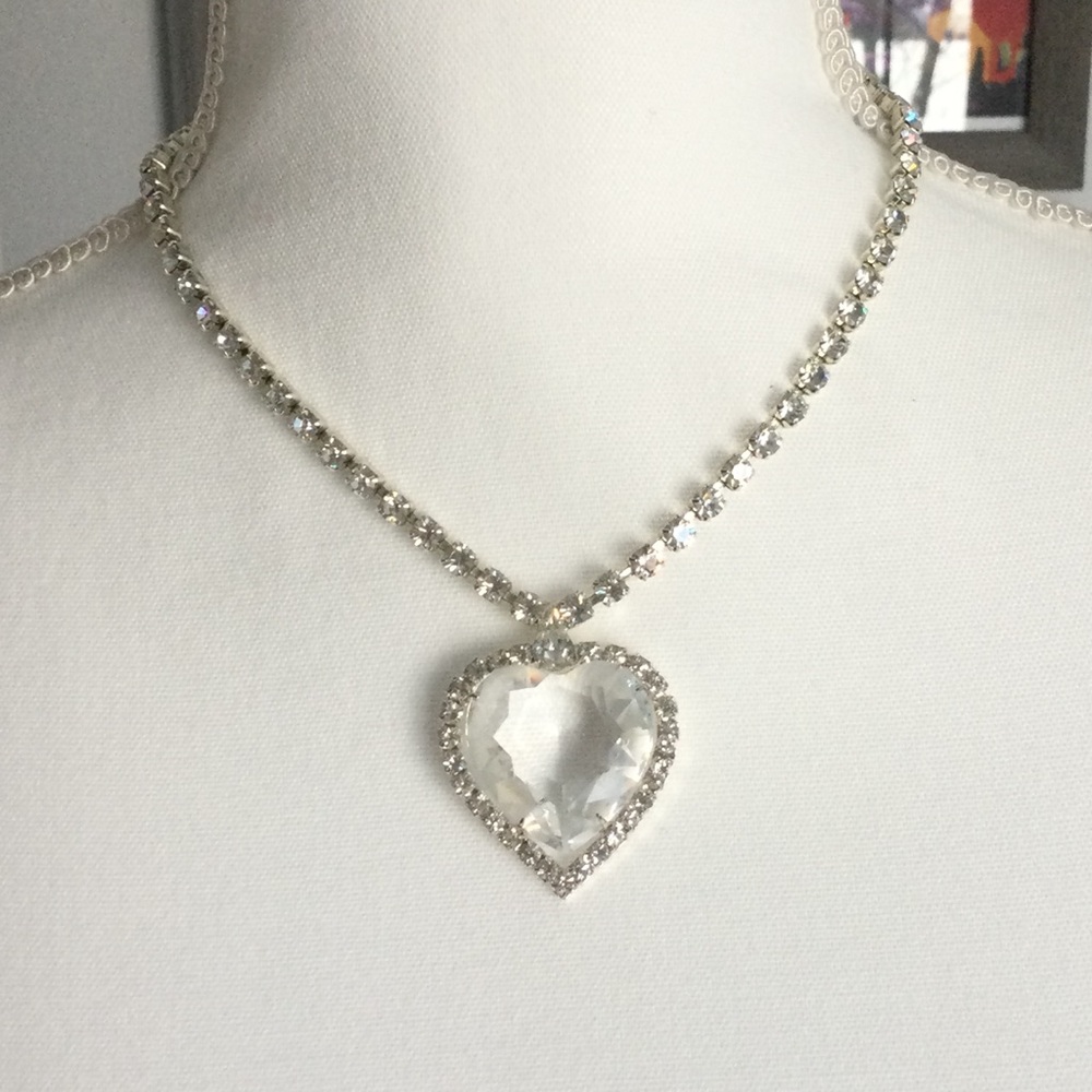 Statement Silver Heart Necklace with Crystals